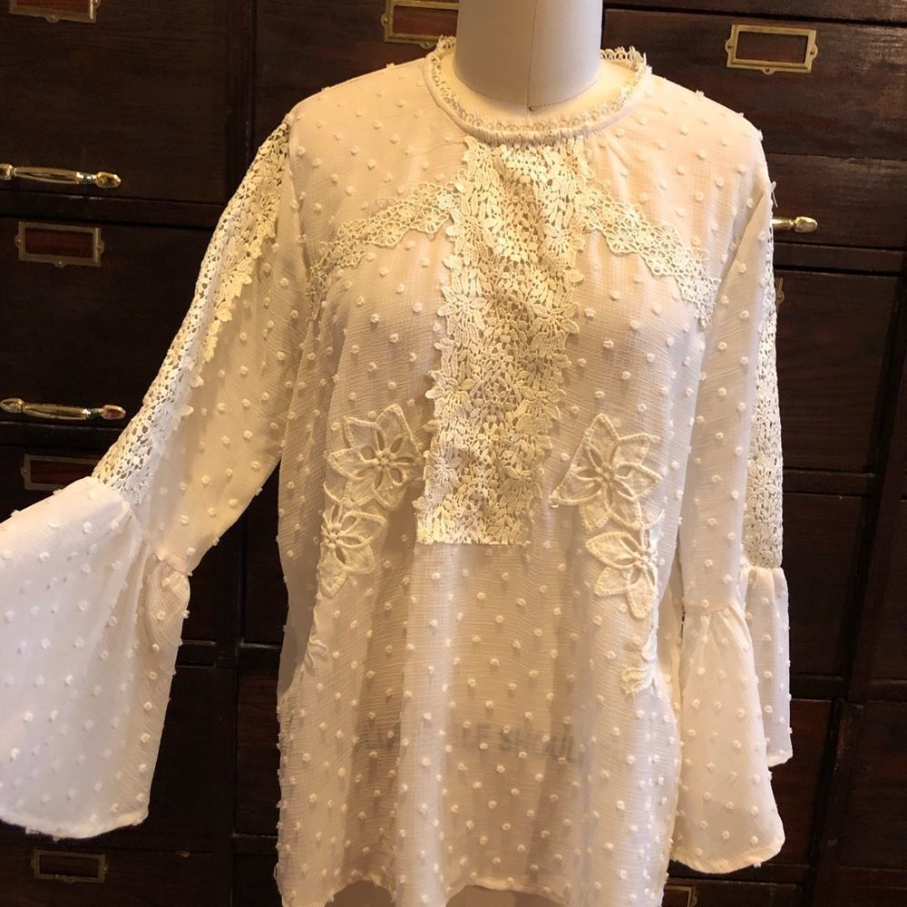Umgee Ivory Chiffon Dot Blouse -S